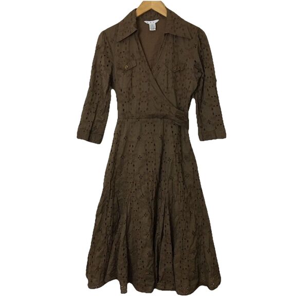 Cabi Dress Brown Floral Eyelet Faux Wrap Midi Embroidered Size 8 Collared V-neck - Picture 1 of 7